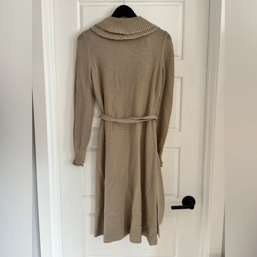 Vintage 100% Pure Wool Midi Dress Bib Collar Neutral French Sezane Vibes S M - Picture 3 of 7